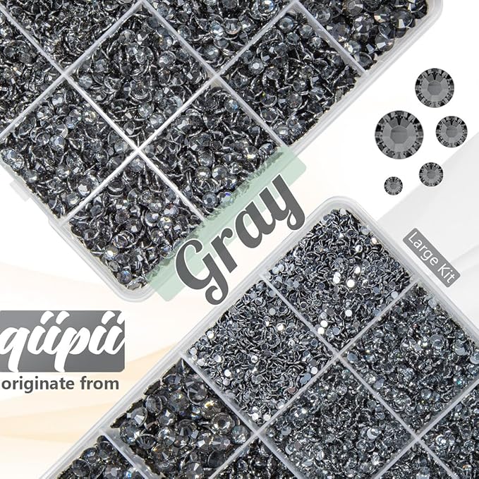 Gray Crystal Resin Rhinestones w B7000 Glue for Bedazzling Crafting 2mm-6mm Dark Grey Flatback Stones Diamonds Crystals Gems Bedazzler Kit for Nails Face Eyes Makeup Tumblers Bottles Crafts