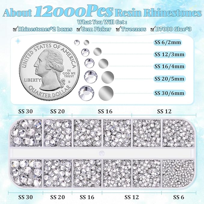 12000Pcs Resin Rhinestones for Bedazzling with 3Pcs B7000 Jewelry Glue, 2 Boxes Clear Flatback Rhinestones for Crafting Crafts DIY, Crystals Gems for Clothing Shoes Tumblers Nail Art Makeup