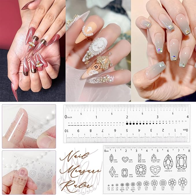 4-Piece Nail Measurement Ruler with Rhinestones - Measuring Tool for Acrylic Nails and DIY Manicure