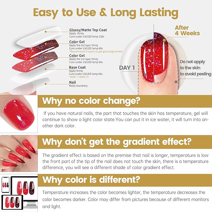 YTD Likomey Color Changing Gel Nail Polish,15ml Red To Burgundy Shimmer Brocade Glitter Mood Temperature Change Colors Iridescent Flakes,Ombre Thermal Fall Winter UV Varnish,WB350