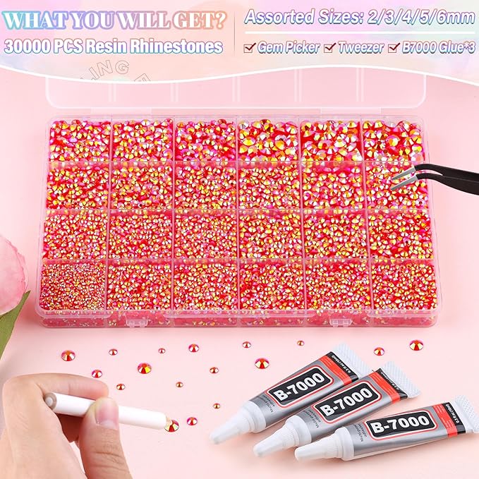 30000Pcs Resin Red AB Rhinestones for Bedazzling Crafting with b7000 Jewelry Glue, Bulk Flatback Gems Bedazzler Kit for Crafts Clothes Shoes Fabric Nail Diamond Art, Assorted Size 2/3/4/5/6mm