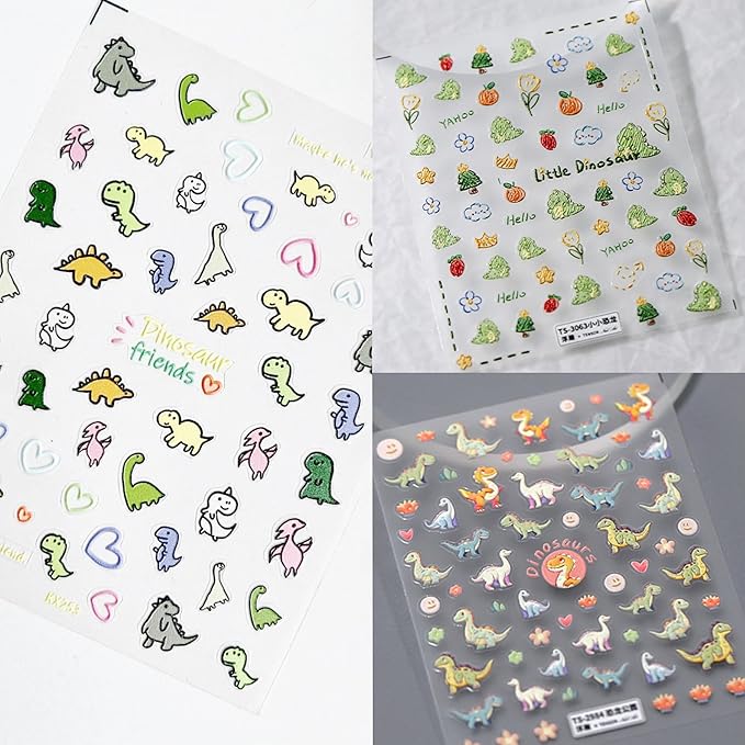 Dedyel Cute Nail Stickers 5D Embossed Cartoon Dinosaur Kawaii Animal Self-Adhesive Nail Decals for Women Girls Kids Nail Art Decoration