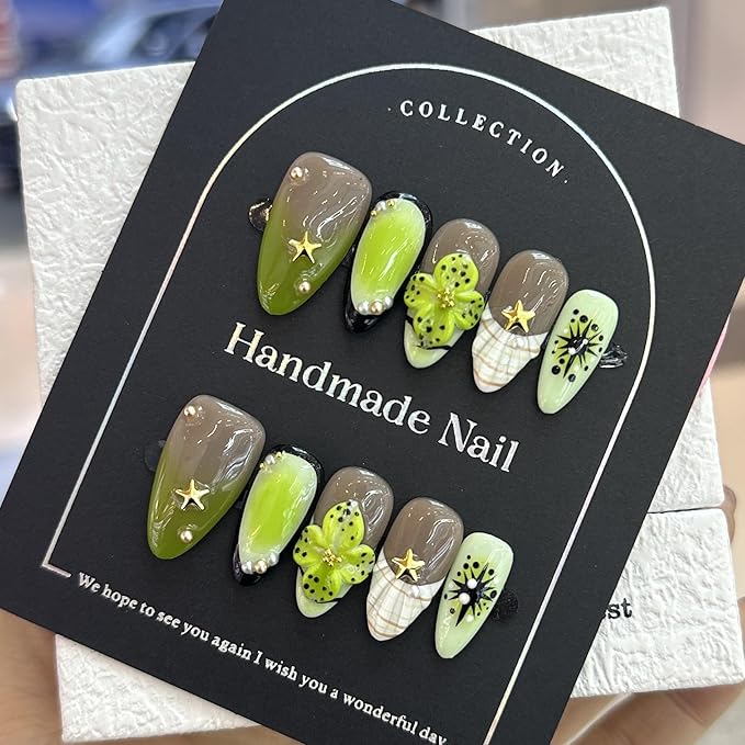 Ombre Green Press on Nails Handmade Medium Almond Fake Nails 5D Embossed Flower False Nails Press ons Ocean Summer Glue on Nails Full Cover Reusable Handmade Nail for Women Size M
