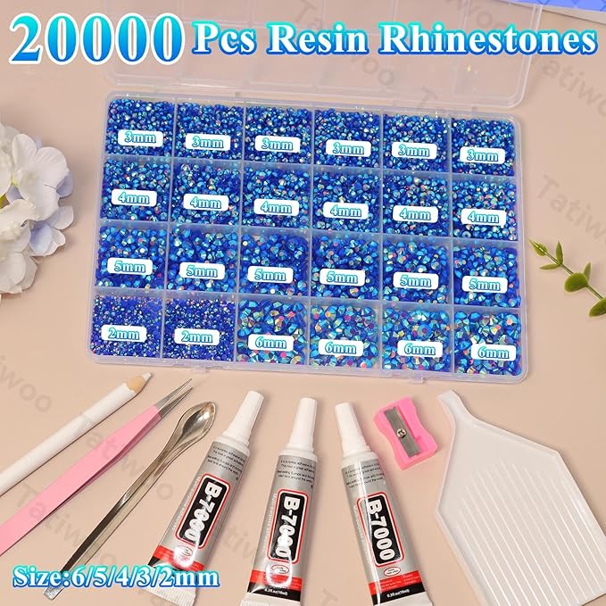 20000Pcs Royal Blue Flatback Jelly Resin Rhinestones for Bedazzling, Mix Sizes Crystal Rhinestones Gems, Blue AB Gems Bedazzling for Crafting for DIY Face Makeup Crafts Tumblers