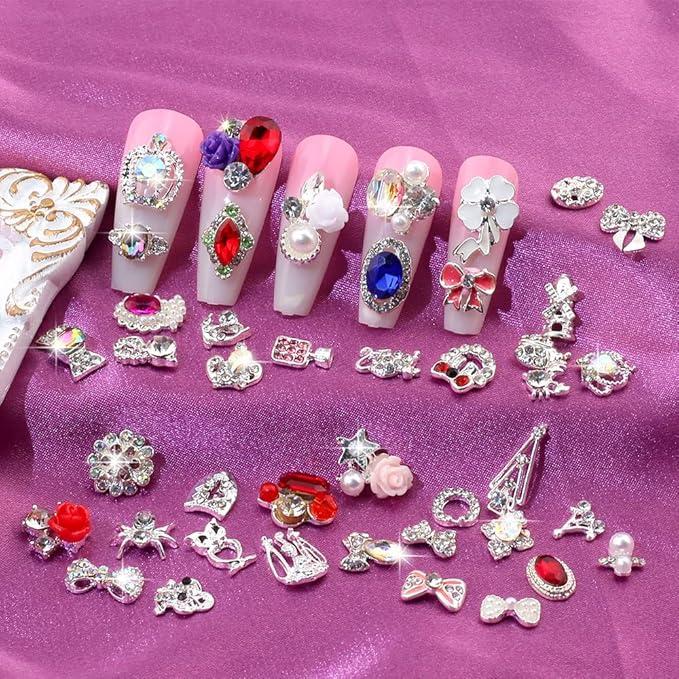 50pcs 3D Nail Charms for Acrylic Nails, Mix Styles Silver Rhinestones for Nails Metal Nail Jewels for Nail Art Charms for Nails Design Alloy Zircon Nail Rhinestones Pearl Nail Gems Women Nail Supplies