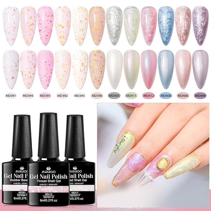 12Pcs Rubber Base Gel Polish, Builder Gel Nail Polish Gold Foil Pink Structure Quick Extension Gel + Pearl Gel Nail Polish Pink Blue Purple Swirl Shell Thread Effect Manicure Kit