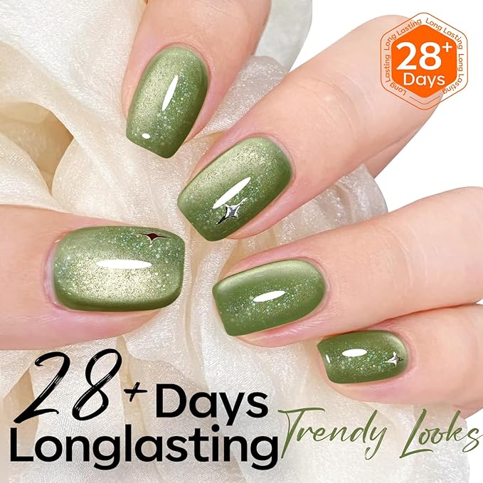 modelones Cat Eye Gel Nail Polish Glitter Green Polish with Magnet Sparkle Galaxy Series Nail Polish Soak Off Led Reflective Nail Art Gel Top Coat Manicure Salon DIY 15 ML