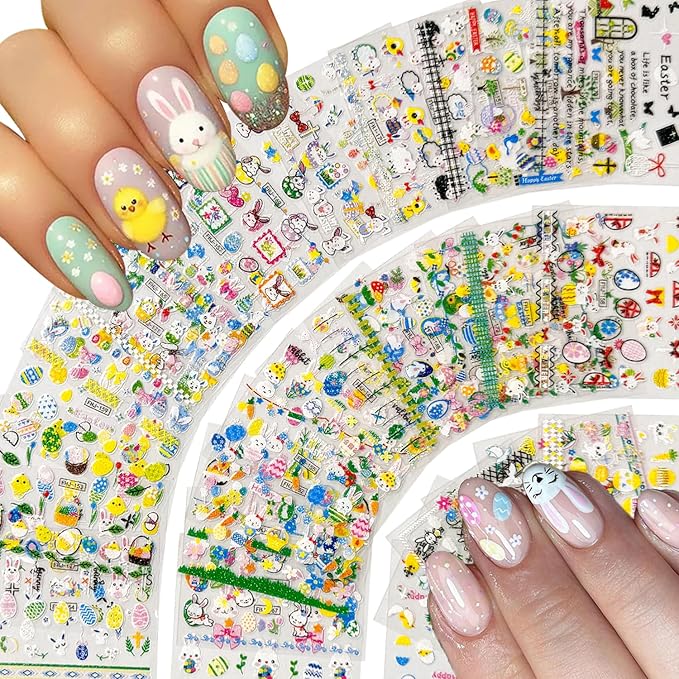 30 Sheets Easter Nail Art Stickers 3D Self-Adhesive Rabbit Nail Decals Cute Bunny Egg Nail Art Design for Women Nails Art Decorations Manicure Accessories