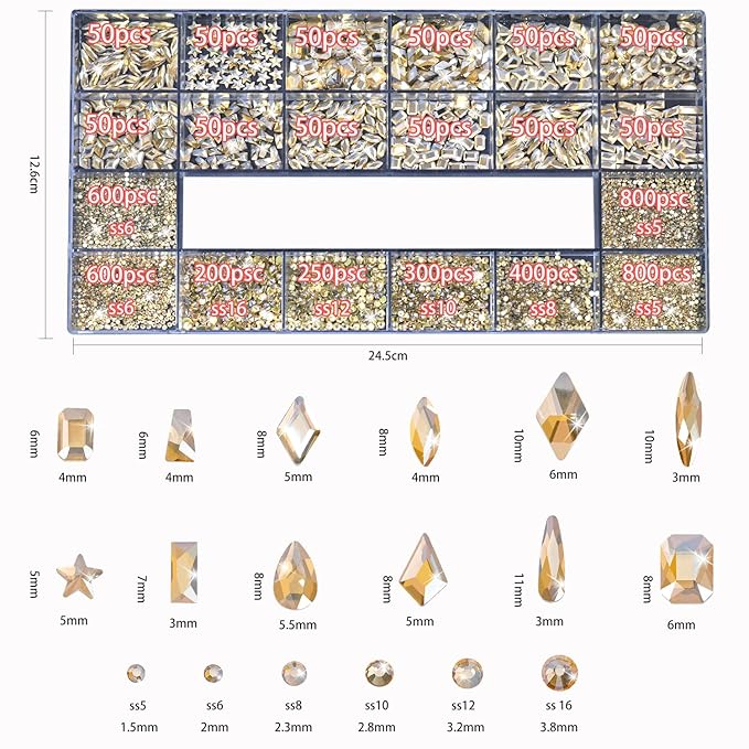 Nail Rhinestones - 4300pcs Champagne Gold, Multiple Shape Gems, Flat Back Rhinestones, with Kit and Glue Gel, for Nail Art
