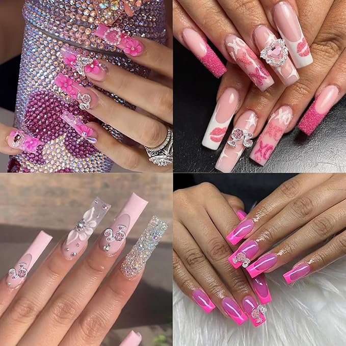 50Pcs Barbiecore Nail Charms, Pink Gun Head Lip Heart Saturn Rhinestione Nail Art Charms Nail Jewelry Decorations Acrylic Nail Gems Accessories for Women Girl DIY Crafts Supplies