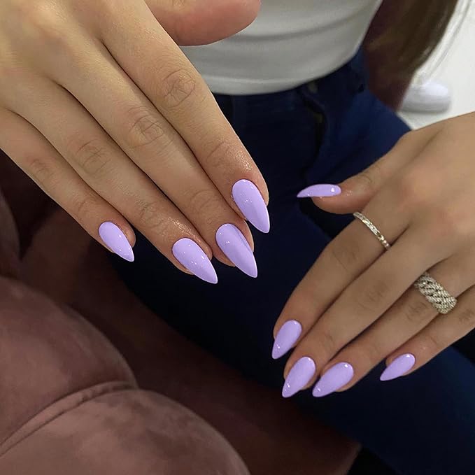 Lilac Press on Nails - 48Pcs Almond Shaped Neutral Thick Fake Nails for Women, Medium Length, Reusable Acrylic, Glue on, Stiletto False, Gel Artificial Lavender