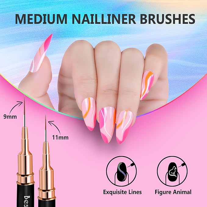 Nail Art Liner Brushes, 5Pcs Professional Gel Polish Painting Art Design Pen Set for Long Lines, Thin Details, Fine Drawing Sizes 5/7/9/11/20mm Nail Art Design Gift for Women(Black)