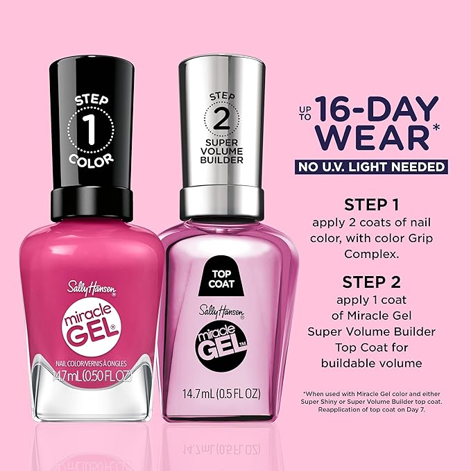 Sally Hansen Miracle Gel Supercharged Pinks Nail Polish | Salon Quality Gel-Like Formula, Two-Step System, No UV Light Needed, Long Lasting | 350 Work Hard, Play Pink | Bright Pink Crème Nail Color