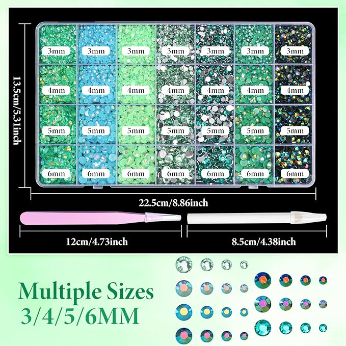 22300Pcs Flatback Green Rhinestones for Bedazzling, 3mm-6mm Jelly Bedazzling Resin Gems, Green Gems AB Bedazzling Kit for Crafting Nails Face Makeup Crafts Tumblers