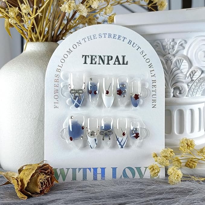Light Blue White French Press on Nails Medium Almond with 3D Charms Bow Rhinestone Cherry,10Pcs Sweet Girls Summer with Full Kit(L)