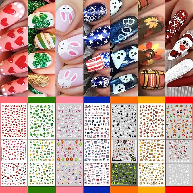 30 Sheets 7 Holiday Nail Art Stickers, Mixed Season Nail Decals Set for All Year, 3D Self-Adhesive Pegatinas Uñas Easter 4th of July Halloween Thanksgiving Christmas Valentine's St. Patrick's Day