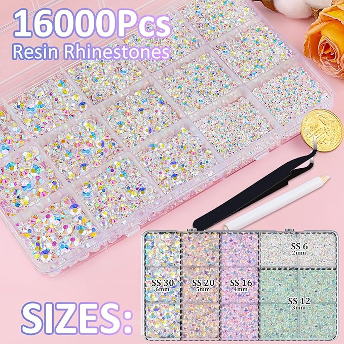 16000Pcs Resin Jelly Rhinestones with Tweezers for Crafting, Transparent AB 2-6mm Mixed Sizes Flatback Gems, Bedazzling Crystal for DIY Crafts Clothing Tumblers Mugs Shoes Fabric Nail Art
