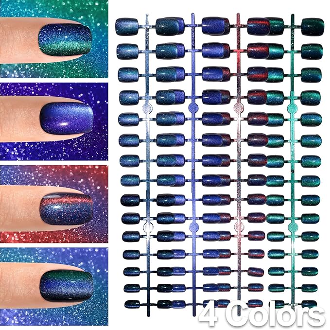 Allstarry Cat Eye Press on Nails, 15 Full Sizes Range Cat Eye Nails Press Ons 4 Changing Colors Cateye Presson Nail for Women 120pcs Chameleon Glossy Short Square Fake Nail Tips Stick DIY Salon