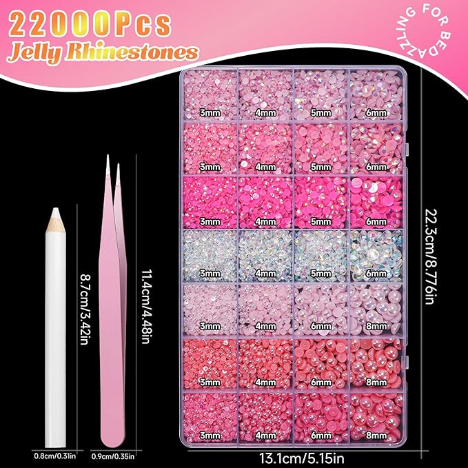 22000 Pcs Pink Flatback Pearls and Rhinestones Bedazzling Kit, Resin Rhinestones Gems for Crafting, Mixed Size Half Pearls Gems for Nails Face Eyes Makeup Bottles Shoes DIY Crafts