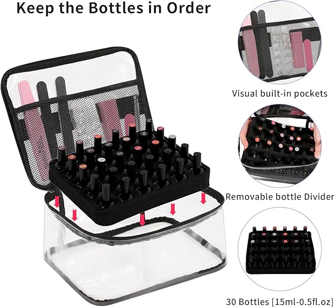 Beloving Nail Polish Organizer Bag Holds 30 Bottles (15ml/0.5 fl.oz) Portable Supplies Organizer Handbag for Manicure Tools, Portable Nail Supplies Kit Organizer Carrying Case (Black)