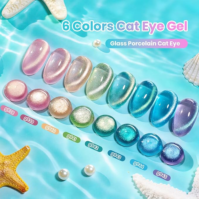 Beetles Dream Coast Cat Eye Gel Nail Polish Set - 6 Colors Glitter Gel Nail Polish Kit Pink Yellow Green Blue Purple Magnetic Shine Soak Off UV Salon DIY Gift Manicure for Women