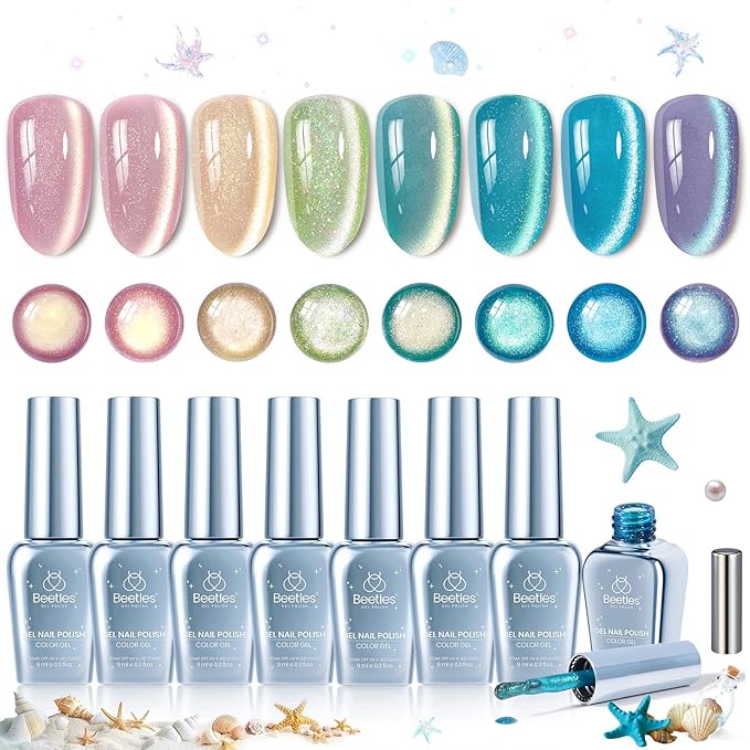 Beetles Dream Coast Cat Eye Gel Nail Polish Set - 6 Colors Glitter Gel Nail Polish Kit Pink Yellow Green Blue Purple Magnetic Shine Soak Off UV Salon DIY Gift Manicure for Women