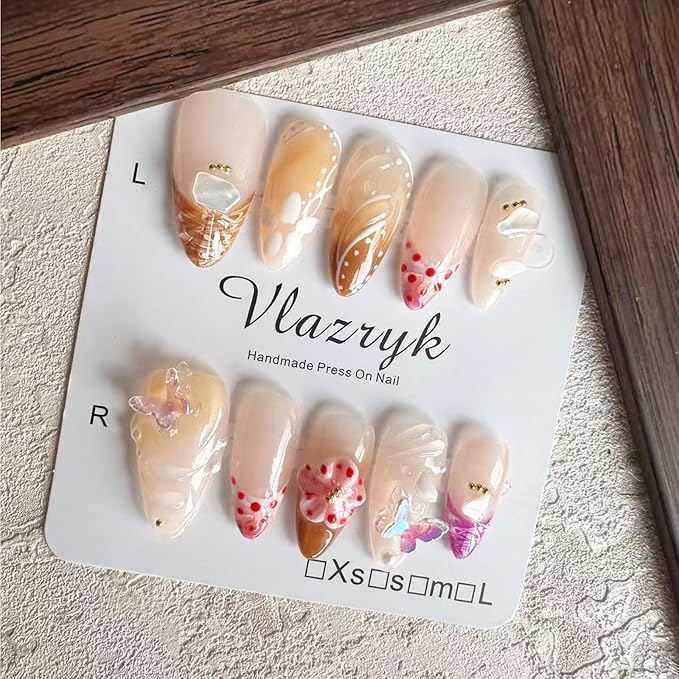 Handmade Press-On Nails – Medium Almond French Tip 3D Butterfly & Brown gradient Flowers Nails,Salon-Quality Reusable Fake Nails,Handcrafted Multi-Layer Gel & Acrylic Nails (10PCS)