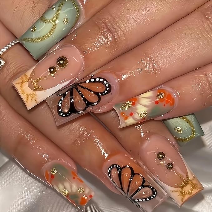 Buttterfly Press on Nails Long Square Fake Nails French Tip Press on False Nails with 3D Butterfly and Ombre Design Acrylic Long Nails Press ons Stick on Nail for Women 24pcs