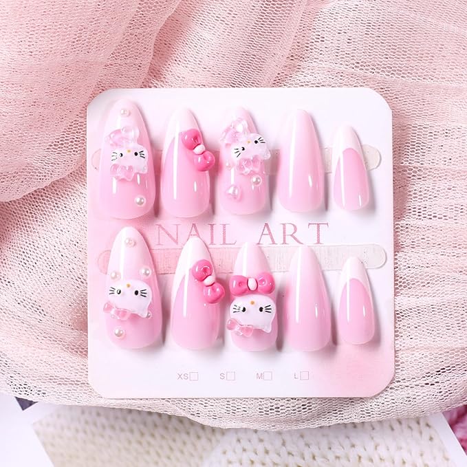 French Tip Press on Nails Medium Almond Cute Cat Fake Nails with 3D Pearl Designs Pink Bow False Nails Cartoon Stick on Nails Full Cover Artificial Acrylic Nails Fashion Fingernails for Women 24pcs