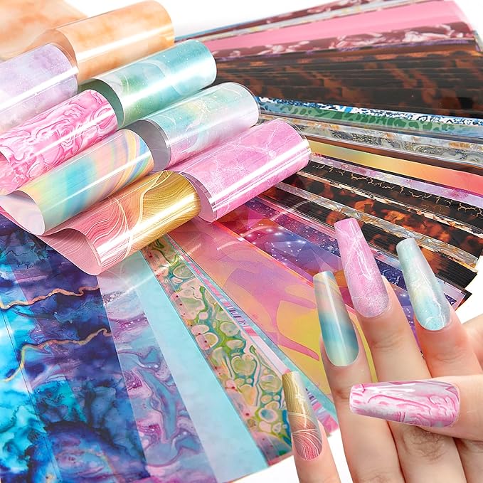 SILPECWEE 300Pcs Nail Foil, Holographic Nail Art Foil Laser Rainbow Leopard Transfer Foils for Nails Paper 3D Nail Stickers Fingernail Wraps Decals Manicure Design Kit Nails Decoration