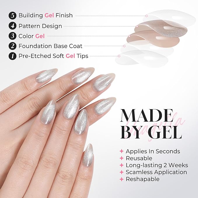 UNA GELLA 32Pcs Soft Gel Press on Nails - 16 Sizes Silver Cat Eye Almond Glue on Nails, Reusable Glitter False Nails, Full Cover Acrylic Nail Kit for Women DIY Home Manicure