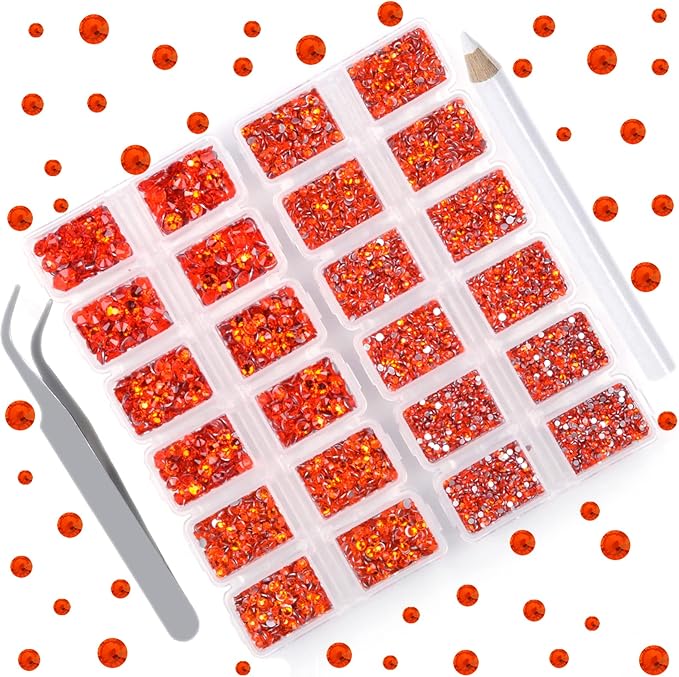 10000 Pieces Rhinestones 6 Sizes Round Crystal Glass Flat Back Rhinestones with 1Tweezers and 1Picking Pen for Nail Art Crafts Clothes Bags DIY (Orange)