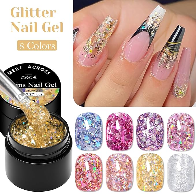 MEET ACROSS 9Pcs Glitter Gel Nail Polish Set with 1Pc Nail Brush, Sparkle Pink Purple Blue Broken Gold Flash Gel Polish Kit, UV LED Soak Off Manicure Gift for Women 8 Colors