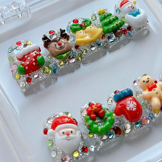 Christmas Press on Nails Luxury Short Duck Handmade 3D Unique Reusable ABS Material Fake Nails Cute False Nails with Santa Reindeer Tree Snowflake Designs Glossy Glue on Nail Thick Acrylic Nail(S)