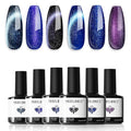 modelones Cat Eye Gel Nail Polish 6 Colors Winter Black Blue Purple Glitter Gel Nail Polish Dark Blue Chameleon Sparkle Shimmer Polish with Magnet Soak Off Led Nail Art DIY Salon Gifts For Women