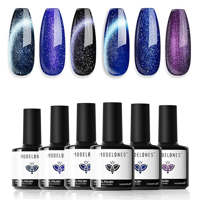 modelones Cat Eye Gel Nail Polish 6 Colors Winter Black Blue Purple Glitter Gel Nail Polish Dark Blue Chameleon Sparkle Shimmer Polish with Magnet Soak Off Led Nail Art DIY Salon Gifts For Women