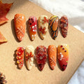 30Pcs Fall Press on Nails Long Almond Fake Nails Gilding Red Maple Leaf False Nails with 3D Flower Gems Design Thanksgiving Stick on Nails Full Cover Artificial Glue on Nail for Women Autumn DIY Kit