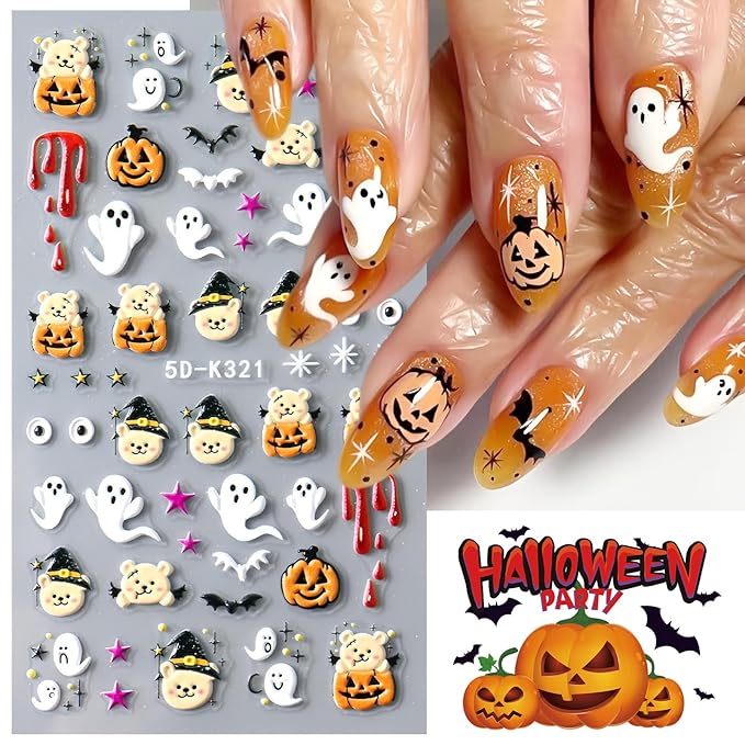 5D Halloween Nail Stickers Embossed Nail Art Decals Cute Ghost Pumpkin Stars Moon Clown Spooky Hand Skeleton Fall Design Self-Adhesive Supplies DIY Holiday Manicure Decoration for Women 4 Sheets