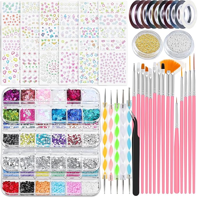 67 in 1 Nail Art Brushes Nail Art Kit,Brushes Dotting Pens with Striping Tape,Mini Metal Caviar Beads Ball,Rhinestones, Pearls,Metallic Foil Flakes,Sequins,Stickers Manicure Design Tools (Pink)