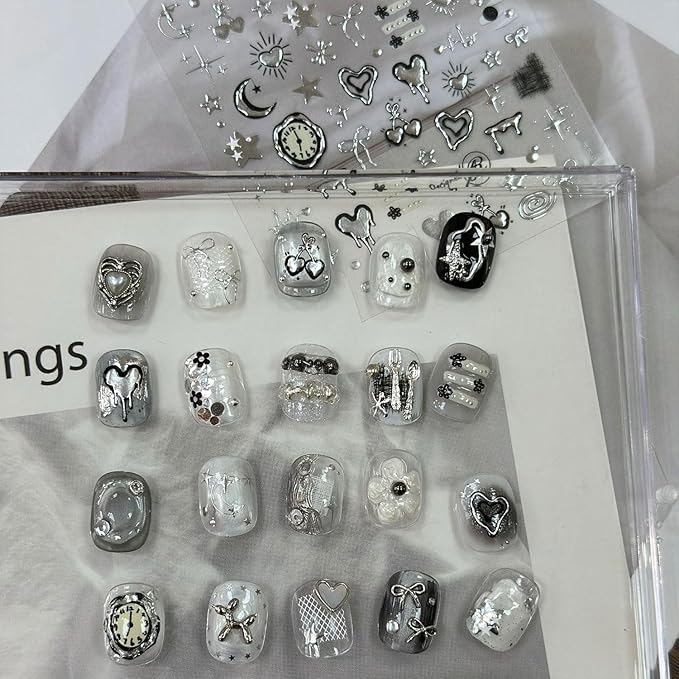 Heart Nail Stickers 5D Embossed Valentines Nail Art Stickers Silvery Nail Decals Self-Adhesive Design Sticker Star Bow Manicure Supplies Holiday Nail Art Decoration for Women