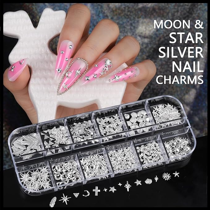 Teentior Nail Charms and Gems Silver Rhinestones for Nails with 15 Sheets Nail Stickers, 6 Boxes Nail Gems Y2K Accessories Pearls for Nails, Cross Nail Charms for Nails Design Caviar Beads for Nails
