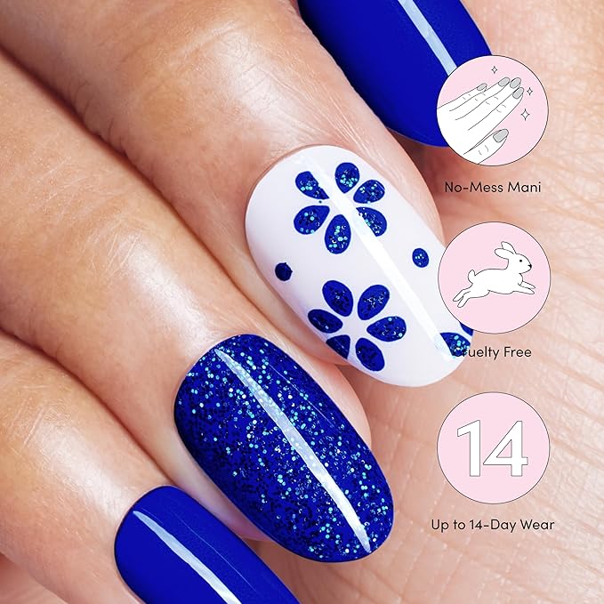 Dashing Diva Gloss Nail Strips - Flor Azul - UV Free, Chip Resistant, Long Lasting Gel Nail Stickers - 3-Piece Manicure Set - Contains 32 Wraps, 1 Prep Pad, 1 File
