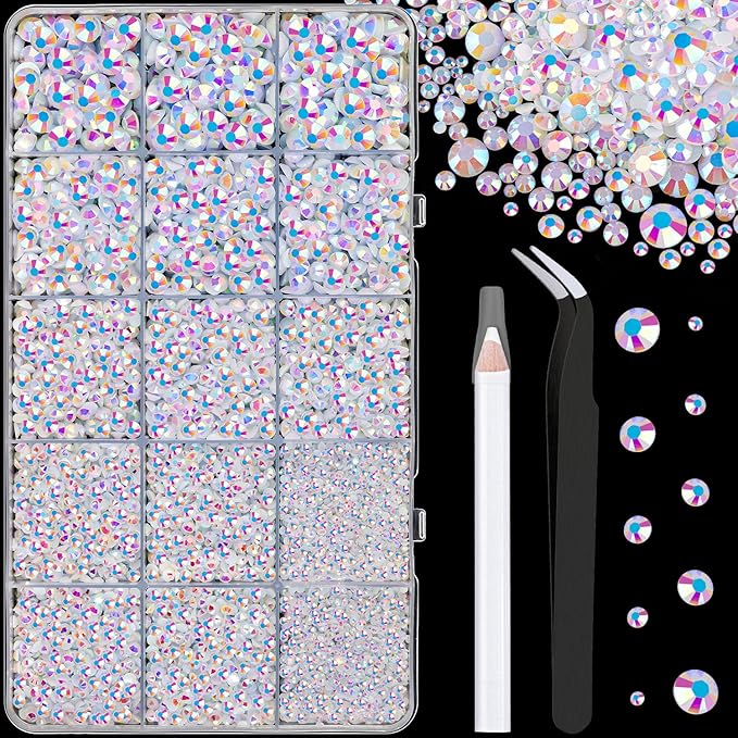 16000Pcs Resin Jelly Rhinestones with Tweezers for Crafting, White AB 2-6mm Mixed Sizes Flatback Gems, Bedazzling Crystal for DIY Crafts Clothing Tumblers Mugs Shoes Fabric Nail Art