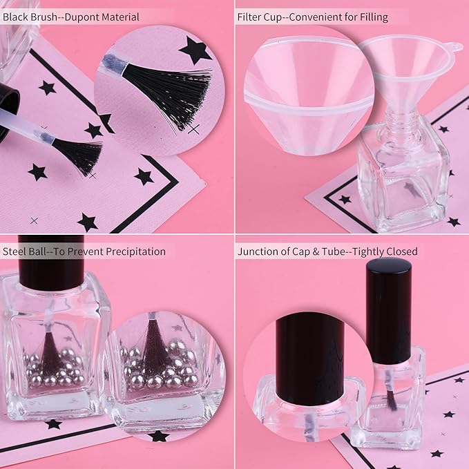 GTHER 6PCS 15ML Empty Nail Polish Glass Bottles with Brush Cap & Funnel & Mixing Balls for Nail Art