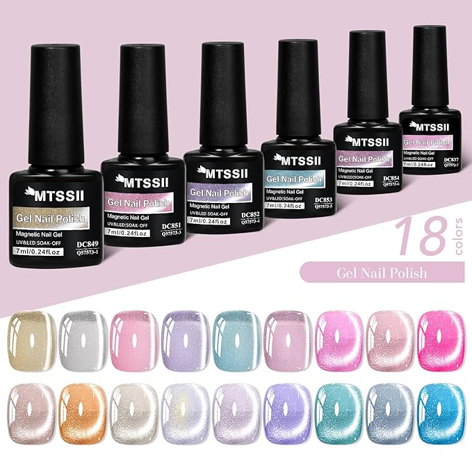 MTSSII Jelly Cat Eye Gel Nail Polish Set, 18 Colors Rainbow Glass Sea Spirit Magnetic Gel Polish Kit with Magnet Pink Blue Purple Grey Glitter Cateye Nail Polish Salon Manicure Nail Art DIY at Home