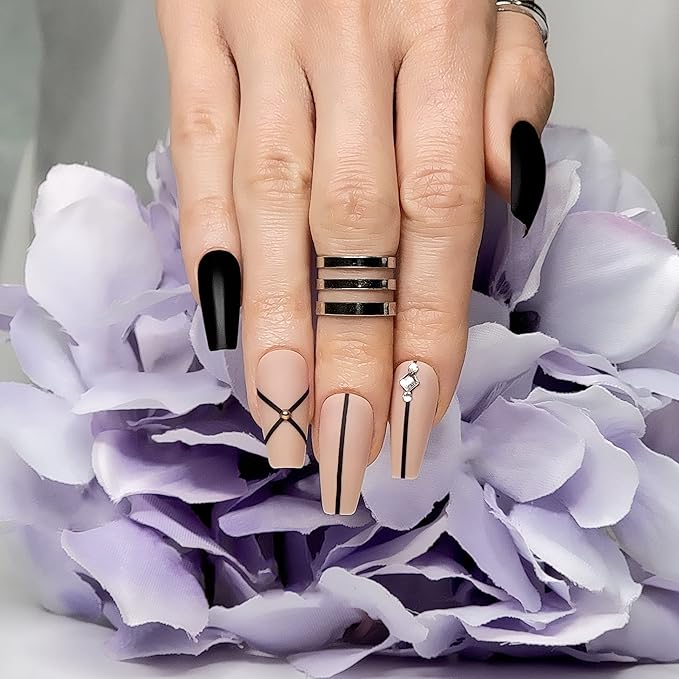 Hypnaughty 24 Pcs Monaco Black Matte and Nude Luxury Design with Rhinestones Coffin Press on Nails with Glue Medium Long Reusable Fake Nails (Monaco)