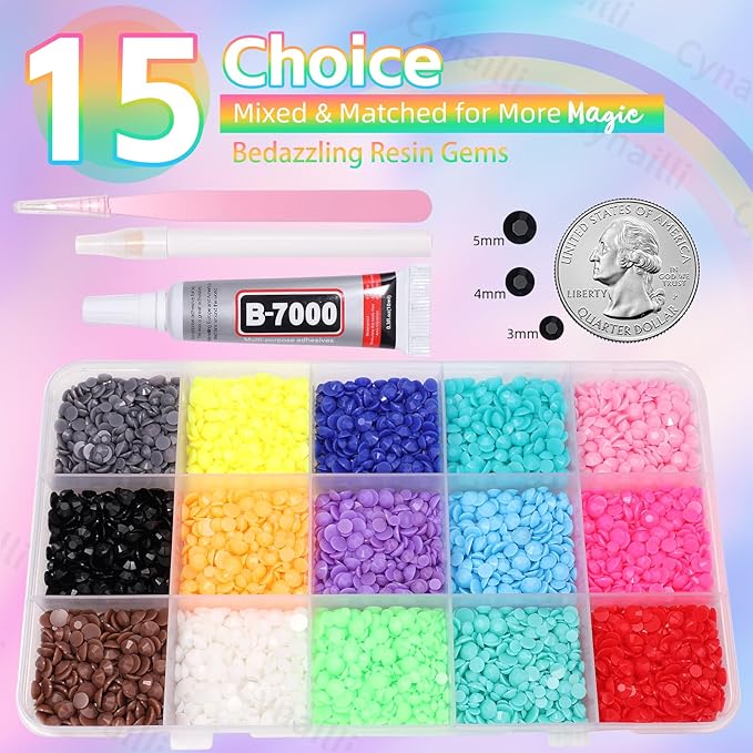 15 Grids Resin Rhinestones for Crafting, Rainbow Colors Bedazzling Gems Kit, Black Red Pink Blue Purple Orange Color Jelly Resin Rhinestones for Nails Face Eyes Makeup Crafts Tumblers Bottles