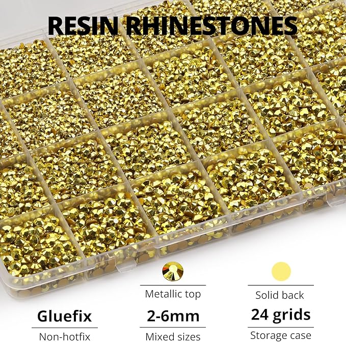 31000Pcs Gold Resin Rhinestones for Bedazzling, Gold Bedazzle Gems Flatback, Bling Stones Flat Back Diamond Jewel Crystal Bedazzled for Clothes Crafts Crafting 2-6mm Assorted Size Bulk and b-7000 Glue