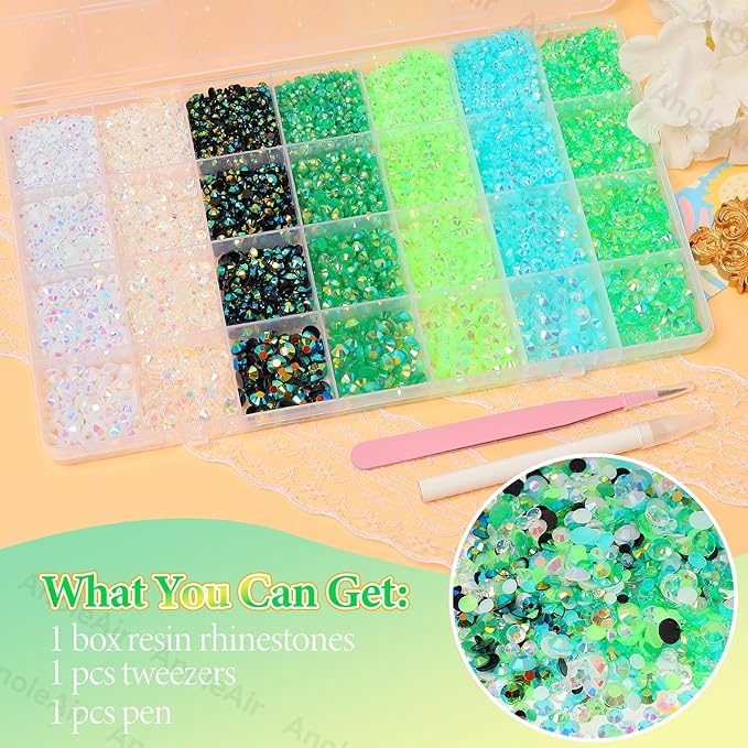 22000Pcs Green Rhinestones for Bedazzling, Jelly Bedazzling Resin Gems 3-5mm, Blue White Gems Bedazzling Kit for Crafting, Flatback Color Light Green Blue AB Gems for Nails Face Makeup Tumblers