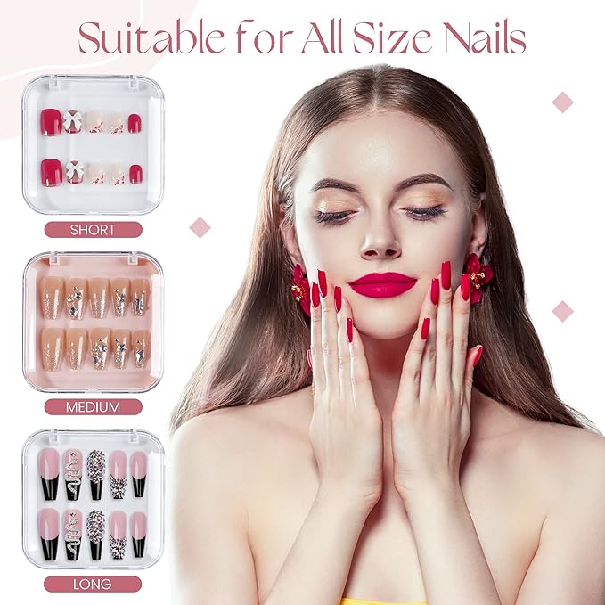 ISKYBOB 12 Packs Press On Nails Storage Boxes, Fake Nails Packing Cases with Tape Pink Nail Display Box for Home DIY, Nail Salon (3.3 x 3.3in)